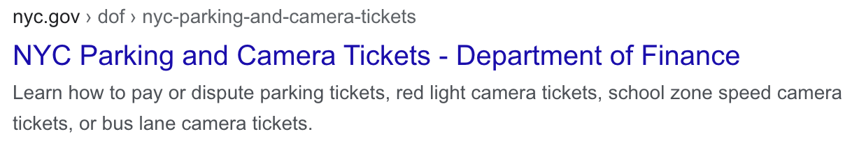 A screenshot from Google showing the metadata for an nyc.gov page. The title is "NYC Parking and Camera Tickets - Department of Finance" and the description is "Learn how to pay or dispute parking tickets, red light camera tickets, school zone speed camera tickets, or bus lane camera tickets."